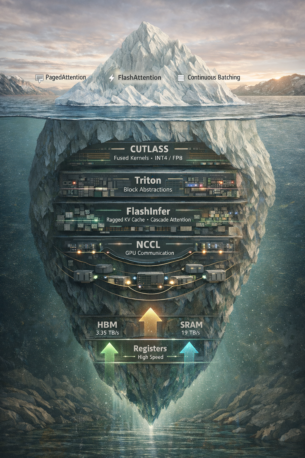 Iceberg visualization showing the hidden software stack behind LLM inference